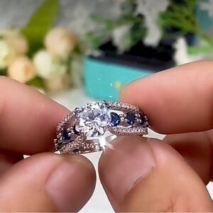 Colorful Oval Zircon Sapphire Eternity Ring Silver Plated